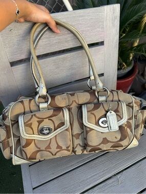 Coach Two-Pocket Signature Satchel in Brown and Tan